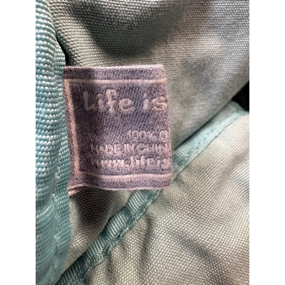 Life is Good Heart Canvas Drawstring Backpack Sage Green Pink Heart Bag